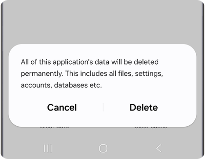 Confirmation message on a Samsung Galaxy phone asking to delete app data permanently.