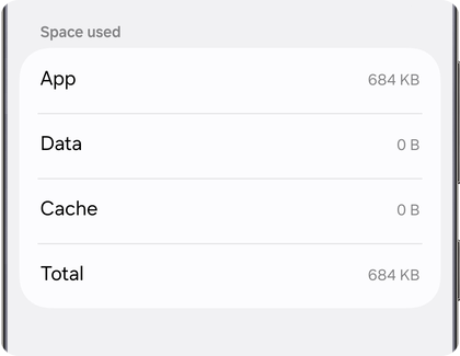 Storage breakdown for an app on a Samsung Galaxy phone showing 0 B for Data and Cache.