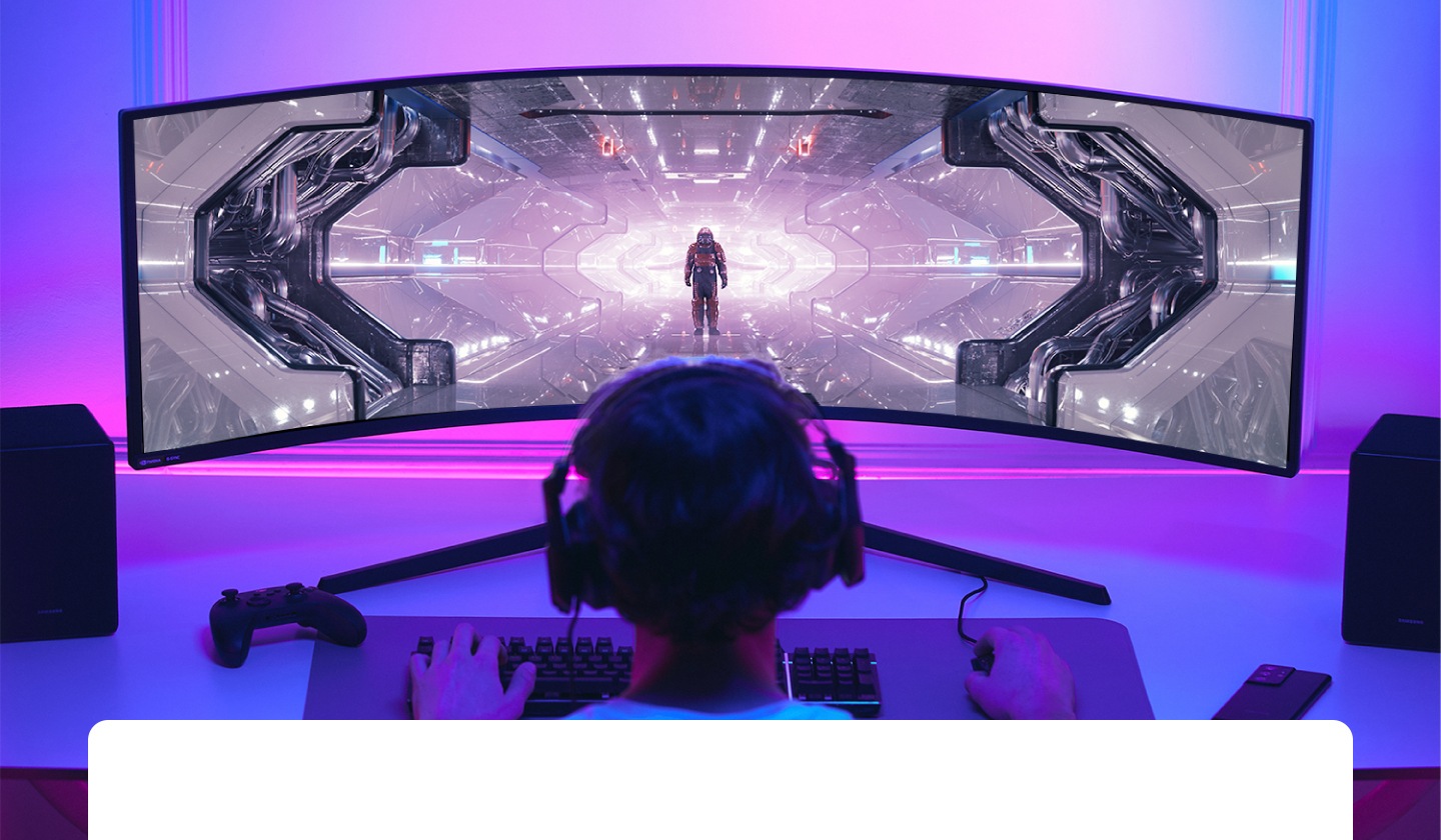 A gamer playing online PC game with Samsung Odyssey Neo G9 Gaming monitor