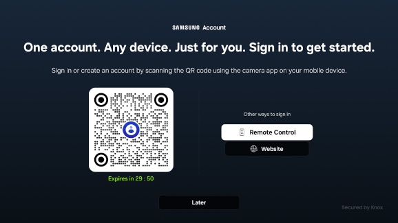 Samsung Account sign-in screen on a Samsung TV with QR code, Remote Control and Website options.