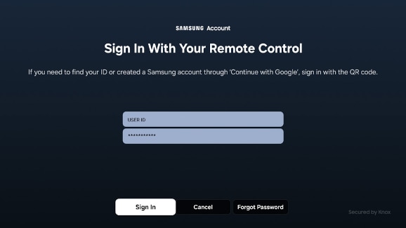 Samsung Account sign-in screen on a Samsung TV showing fields for user ID and password with Sign In, Cancel and Forgot Password buttons.