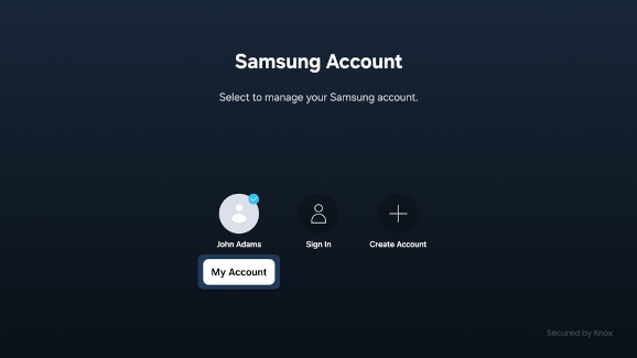 Samsung Account screen on a Samsung TV with My Account selected for a signed-in user.