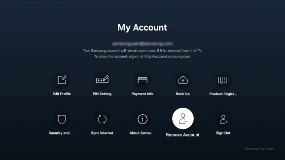 My Account screen on a Samsung TV showing account management options.