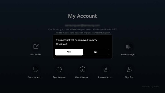 Confirmation pop-up on a Samsung TV asking if you want to remove the account, with Yes selected.