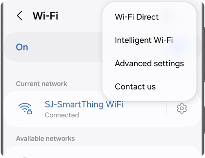 Wi-Fi settings menu on a Samsung Galaxy showing options for Wi-Fi Direct, Intelligent Wi-Fi, Advanced settings and Contact us.