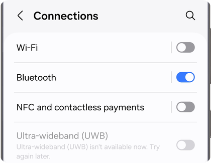 Samsung Galaxy Connections menu displaying toggles for Wi-Fi, Bluetooth, and NFC.