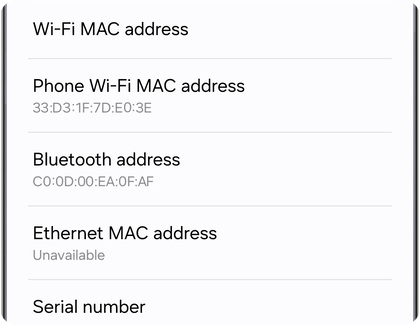 Status information menu on a Samsung Galaxy showing the Phone Wi-Fi MAC address.