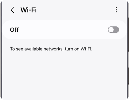 W-Fi settings screen on a Samsung Galaxy showing Wi-Fi turned off with an option to turn it on.