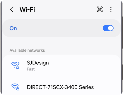 Wi-Fi settings on a Samsung Galaxy displaying On with a list of available networks.