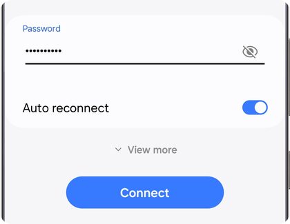 Wi-Fi network connection screen on a Samsung Galaxy showing a field for entering a password and a Connect button.