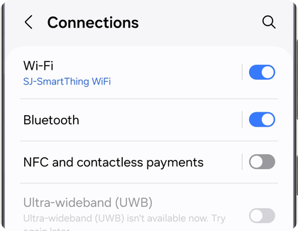 Samsung Galaxy Connections menu showing Wi-Fi turned on.