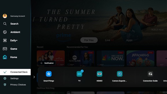 Connected Devices menu highlighted on a Samsung TV home screen.