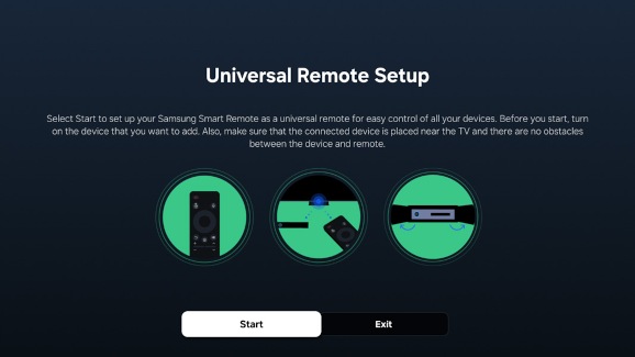 Universal Remote Setup screen with Start and Exit options on a Samsung TV.