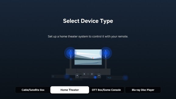Samsung TV screen showing device type options for Universal Remote setup.