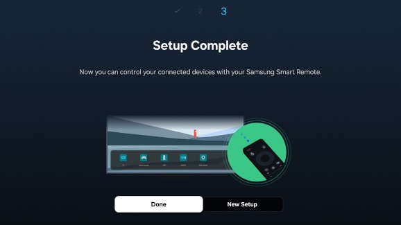 Samsung TV screen confirming Universal Remote setup is complete.
