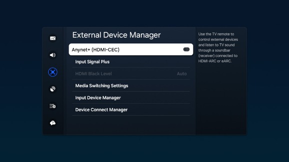 Samsung TV settings with Anynet+ (HDMI-CEC) toggle highlighted in External Device Manager.