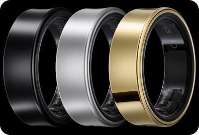 Three Samsung Galaxy Rings displayed side by side in Silver, Black, and Gold colours.