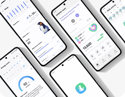 Multiple phone screens displaying the Samsung Health app interface, showcasing various health tracking features like energy score, sleep pattern, and heart rate.