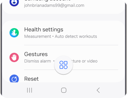 Interface of the Galaxy Wearable app displaying options including ‘Health settings’, ‘Gestures’, and ‘Reset’.