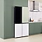 A Bespoke refrigerator with green, black, and white panels is in a kitchen with green walls and grey tiles. A Bespoke refrigerator with green, black, and white panels is in a kitchen with green walls and grey tiles.