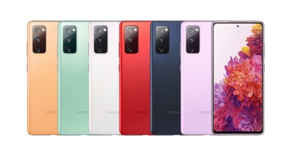 Rearview product shots of Galaxy S20 FE phones in Cloud Orange, Cloud Mint, Cloud White, Cloud Red, Cloud Navy and Cloud Lavender. The last phone is front-facing to reveal multi-coloured red, orange and purple flowers on display.