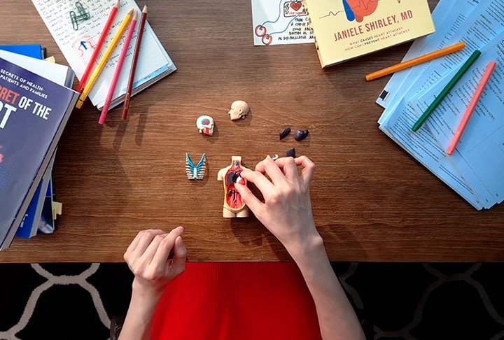 A top-down shot of a woman laying out small plastic body parts on a desk surrounded by books.