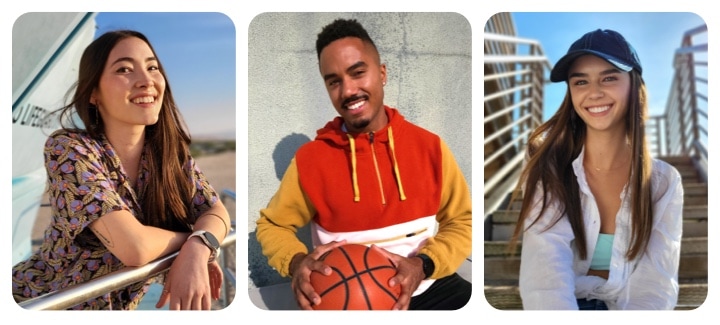 Three side-by-side dating app profile pictures. The first is a woman resting her arms on a silver handrail. The second is a man in a hooded sweatshirt holding a basketball. The third is a woman in a blue baseball cap sitting on a staircase.