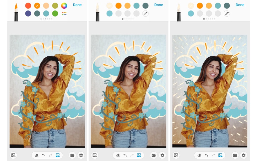 Three side-by-side portraits showing how to add radiating lines to a portrait in the PENUP app.