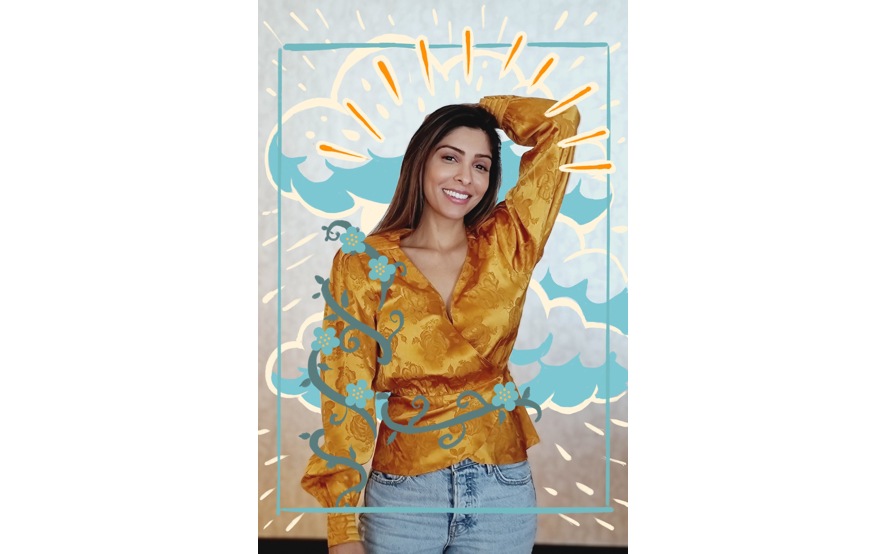 A completed portrait of woman in a gold shirt, accompanied by cloud, flower, and ray illustrations.