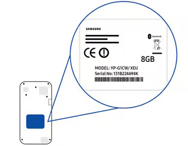 Diagram illustrating the location of the model and serial number sticker beneath the battery in a Samsung MP3 player.