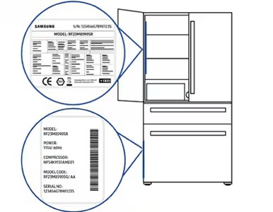 Diagram showing the locations of product labels on a Samsung French Door refrigerator, with detailed views of the labels inside on the left-hand side and at the bottom outside left-hand side.