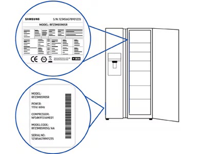 Diagram illustrating the locations of product labels on a Samsung Side by Side refrigerator, highlighting the labels inside the fridge and on the bottom outside.