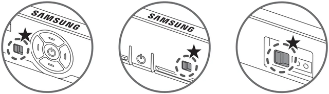 Three Samsung Smart TVs showing different microphone switch locations along the lower edge of the screen.