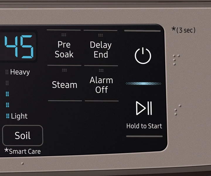 Control panel of a Samsung washer highlighting features such as Pre Soak, Delay End, Steam and Alarm Off.
