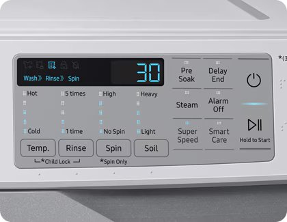 Control panel of a Samsung washer displaying settings for temperature, rinse, spin, and soil levels, with options for additional features.