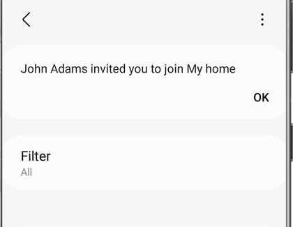 Messages screen with a notification that JOHN ADAMS has invited you to join Home