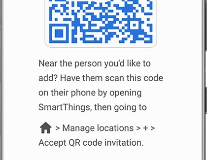 A Galaxy phone is showing a QR code from the SmartThings app
