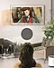 A woman stares at The Frame as it displays a painting of a young boy in a hat.