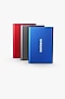 Three portable SSD T7 are aligned in a vertical position parallel to each other, almost overlapping. The Metallic Red is in the back followed by the Titan Grey portable SSD T7 and then the Indigo Blue which is in the foreground with the Samsung logo.
