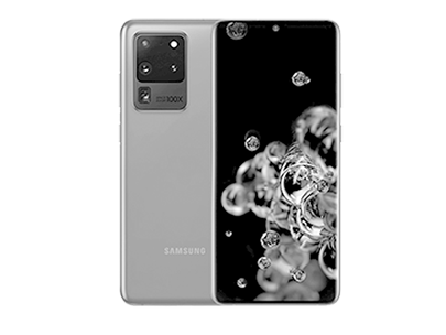 Back views of a Cloud Pink Galaxy S20, a Cloud Blue Galaxy S20+ and a Cosmic Grey Galaxy S20 Ultra 5G overlapping each other. On the right, front view of Cosmic Grey Galaxy S20 Ultra 5G is overlaying.