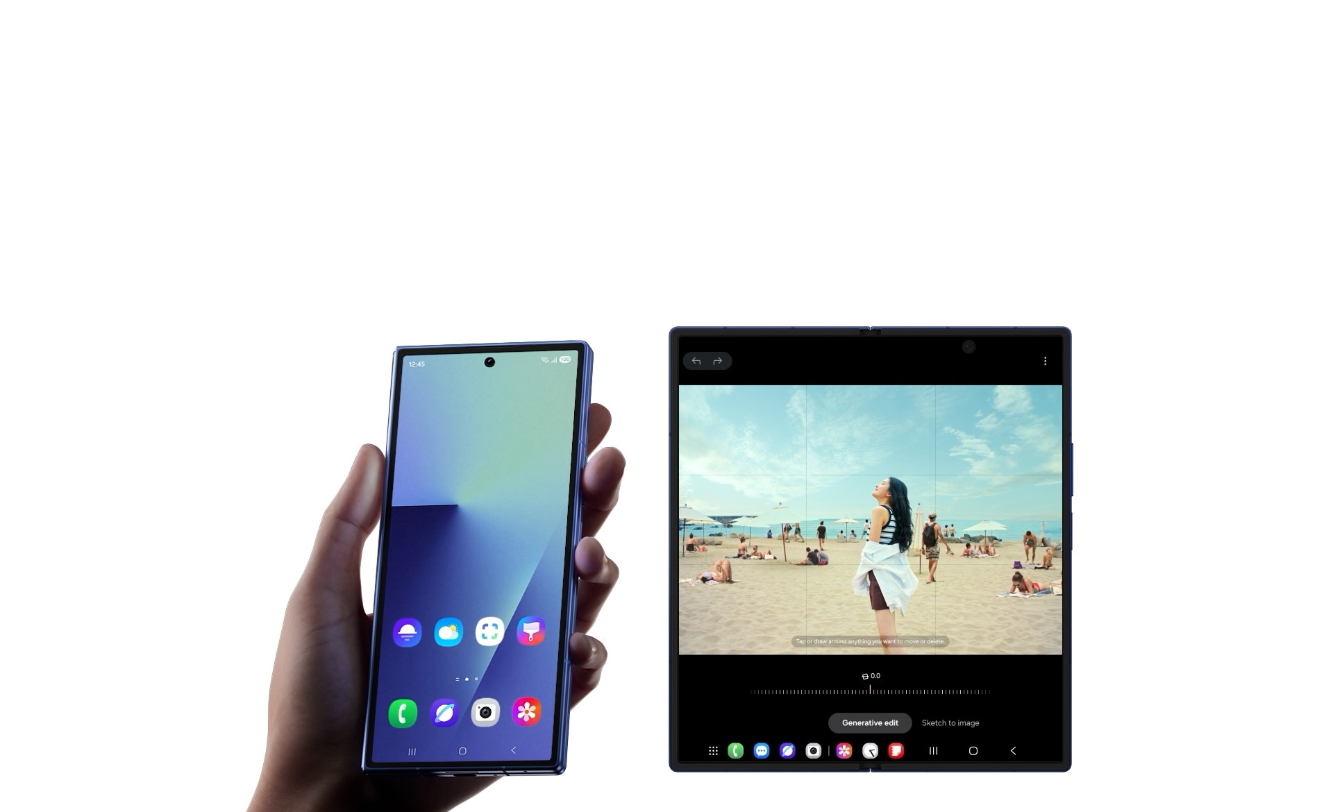 A hand holds a folded Galaxy Z Fold7 in Blue Shadow, seen from the cover screen. Next to it, another Galaxy Z Fold7 in Blue Shadow can be seen unfolded from the main screen, which displays a picture of a woman at the beach. Photo Assist appears with the options Generative edit and Sketch to image. Generative edit lets you Tap or draw around anything you want to move or delete. Tap the object eraser icon that appears at the top right corner of the screen, which detects and highlights the other figures on the beach. Tap the eraser icon that appears near the center of the screen. The highlighted figures disappear. Generate button is tapped, causing the scene to be cleaned up with Galaxy AI Filling in the image with detail. Options to Show original and Save copy appear on screen.