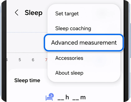Galaxy phone showing a dropdown menu in the Galaxy Wearable app, with 'Advanced measurement' highlighted for selection.