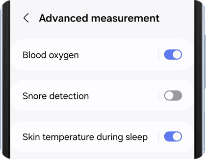 Settings screen showing toggles for 'Blood oxygen' and 'Skin temperature during sleep' in the Sleep’s advanced measurement section of the Galaxy Wearable app.
