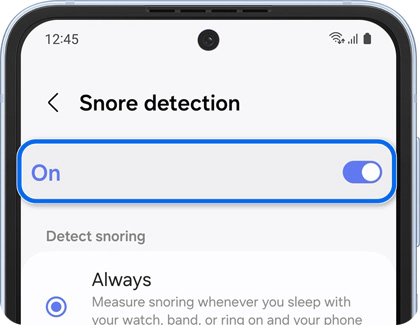 Galaxy phone displaying the Snore detection screen in the Galaxy Wearable app.