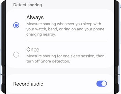 Galaxy phone displaying the Snore detection screen in the Galaxy Wearable app, with 'Always' and 'Once' available for customisation.