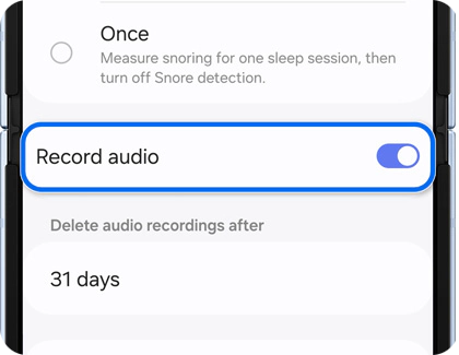 Galaxy phone displaying the 'Record audio' option enabled in the snore detection settings of the Galaxy Wearable app.