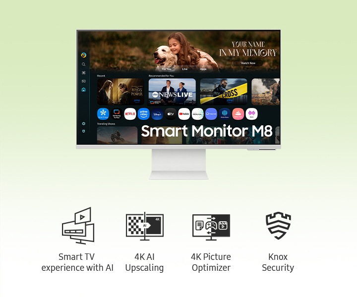 Smart Monitor M8. Smart TV experience with AI. 4K AI Upscaling. 4K Picture Optimizer. Knox Security.