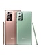Rear view of Galaxy Note20 Ultra in Mystic Bronze and Galaxy Note20 in Mystic Green. The matching S Pen for both phones is leaning against the phone.