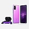 A pair of purple Galaxy Buds+ BTS Edition laid next to an open purple charging case. The back and front of a purple Galaxy S20+ 5G BTS Edition is shown to the right of the Buds+. The BTS logo is on display, outlined in neon purple against a dark purple background.