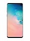 Back of a prism white Galaxy S10 phone, with the front of a black Galaxy S10 phone slightly overlaying on top